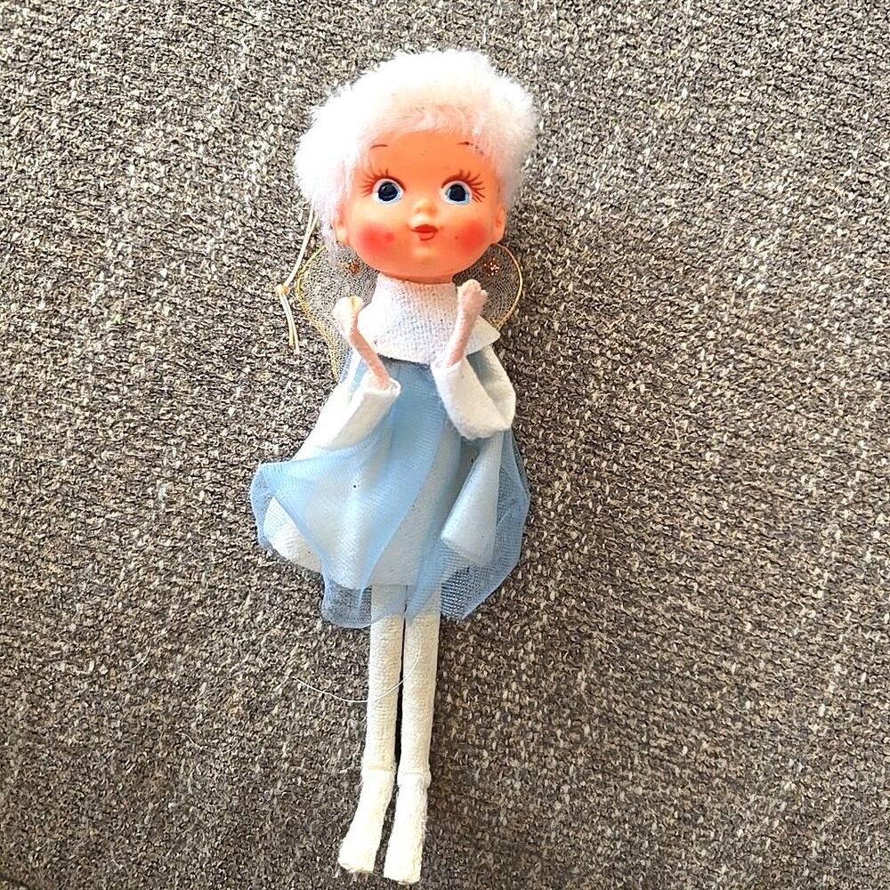 MCM Blue Christmas Pixie Knee Hugger Flying Angel Ornament Tulle Mod 60s 50s